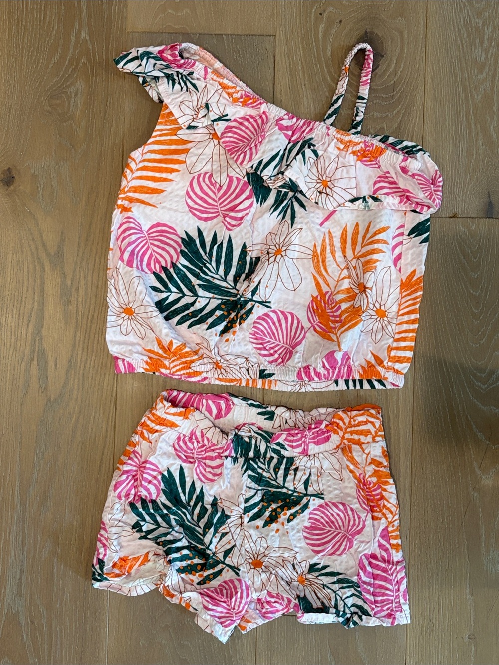 Cat & Jack Girls Pink & Orange Tropical One-Shoulder Romper Set